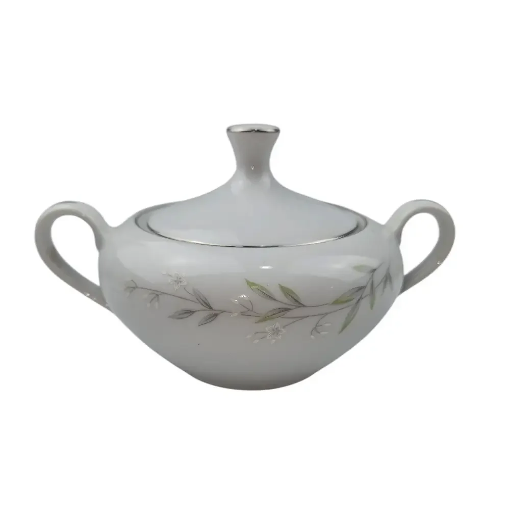 Sango Springtime 6511‎ Sugar Bowl with Lid Fine China Platinum Trim Floral Leaf